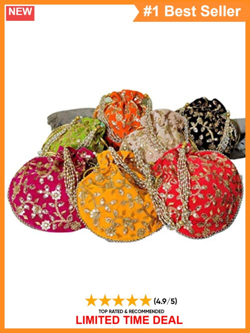 Velvet Embroidered Potli Purse Drawstring Wristlet Clutch Set of 5